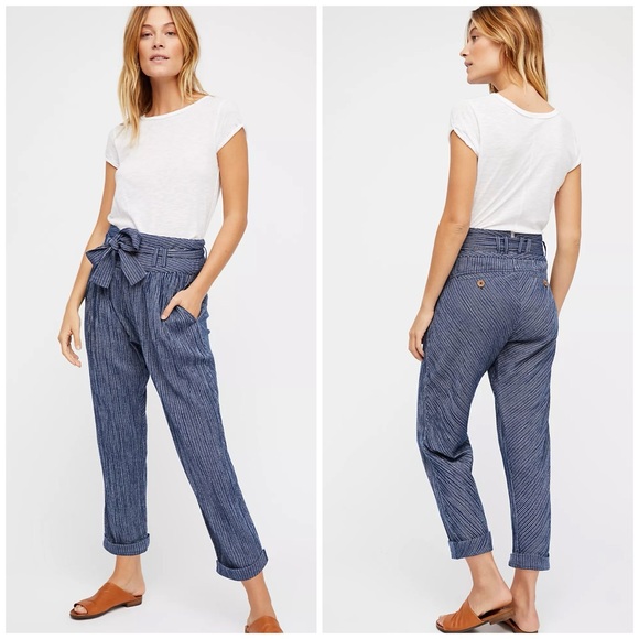 FREE PEOPLE 6 8 Rumors Yarn Dye Harem Pants in Indigo Combo • Navy Blue - Picture 14 of 15